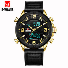 Load image into Gallery viewer, SWAVES Leather Watch Men Military Dual Display Fashion LCD Relojes Para Hombre Waterproof Unique Luxury Alarm Clock Mens Watches