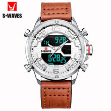 Load image into Gallery viewer, SWAVES Leather Watch Men Military Dual Display Fashion LCD Relojes Para Hombre Waterproof Unique Luxury Alarm Clock Mens Watches