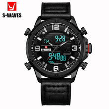 Load image into Gallery viewer, SWAVES Leather Watch Men Military Dual Display Fashion LCD Relojes Para Hombre Waterproof Unique Luxury Alarm Clock Mens Watches