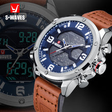 Load image into Gallery viewer, SWAVES Leather Watch Men Military Dual Display Fashion LCD Relojes Para Hombre Waterproof Unique Luxury Alarm Clock Mens Watches
