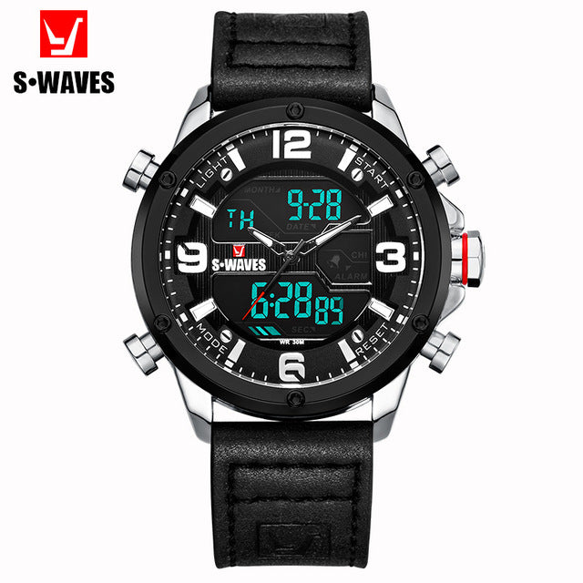 SWAVES Leather Watch Men Military Dual Display Fashion LCD Relojes Para Hombre Waterproof Unique Luxury Alarm Clock Mens Watches