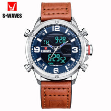 Load image into Gallery viewer, SWAVES Leather Watch Men Military Dual Display Fashion LCD Relojes Para Hombre Waterproof Unique Luxury Alarm Clock Mens Watches

