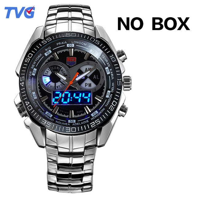 Top Men Watch TVG Dual Display Analog Digital Quartz Watch Stainless Steel Men's Watch Fashion Military Army Mens Watches